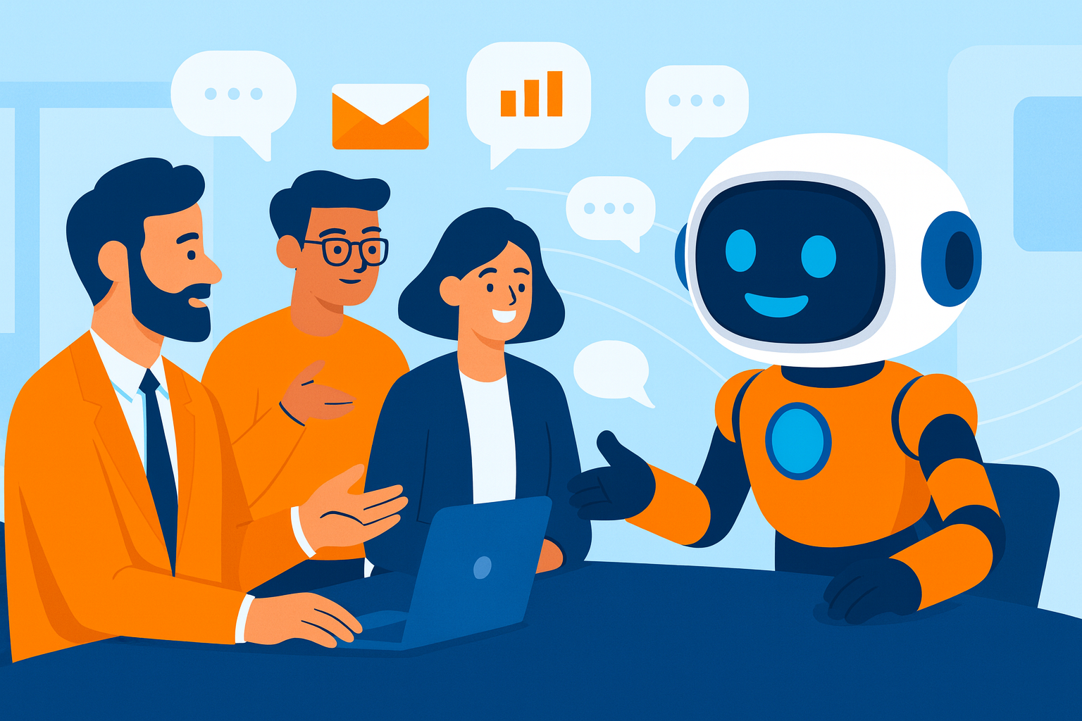 Robô laranja e azul conversando com três pessoas em uma mesa de reunião, representando automação inteligente em times comerciais.
