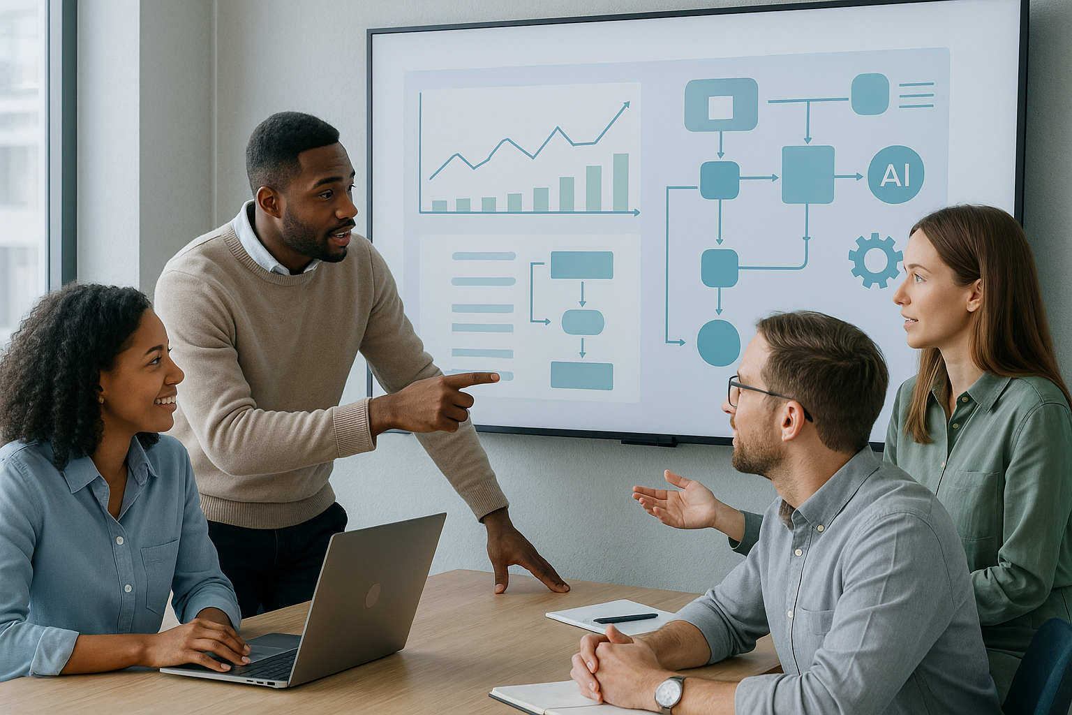 Equipe diversa em reunião em escritório moderno; um colega aponta para uma tela com gráficos e fluxogramas de automação/IA enquanto os demais discutem ao redor de uma mesa com notebook.
