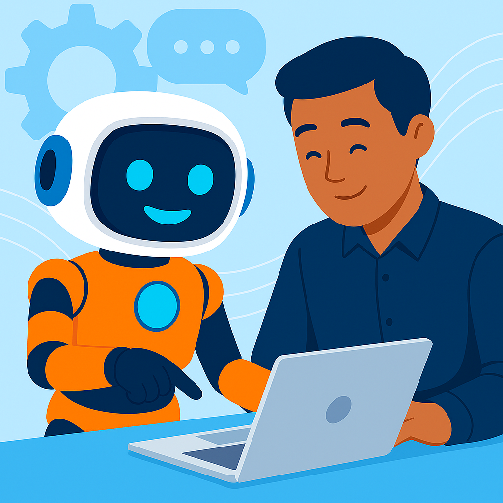 Ilustração de um robô simpático e um humano trabalhando juntos em um laptop, simbolizando a união entre pessoas e tecnologia no ambiente digital.