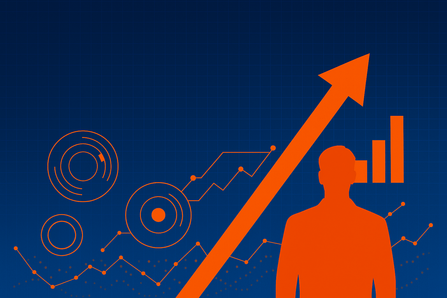 Silhueta de um líder observando um gráfico ascendente em tons de azul e laranja, simbolizando crescimento, inovação e transformação digital inteligente no ambiente B2B.