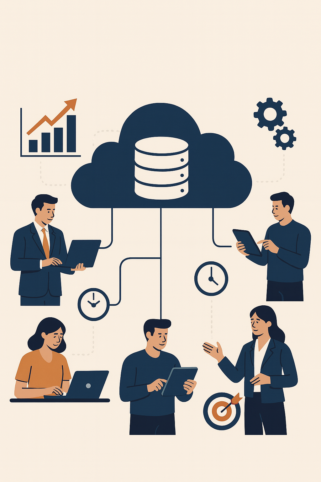 Ilustração em estilo flat mostrando profissionais conectados a uma nuvem central de dados. A nuvem contém um ícone de banco de dados, enquanto pessoas ao redor utilizam laptops e tablets, representando integração, colaboração e fluxo de informações centralizadas.