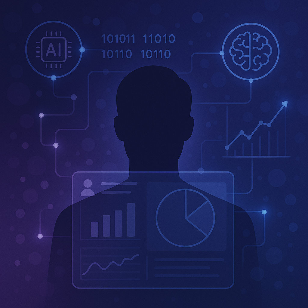 Ilustração conceitual mostrando a silhueta de um cliente cercada por dados, ícones de IA, gráficos e um dashboard translúcido conectado por linhas digitais.