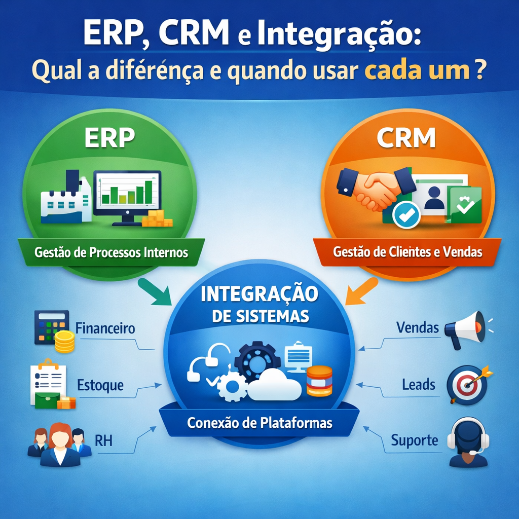 Comparação entre ERP, CRM e integração de sistemas mostrando gestão de processos internos, gestão de clientes e conexão entre plataformas empresariais.