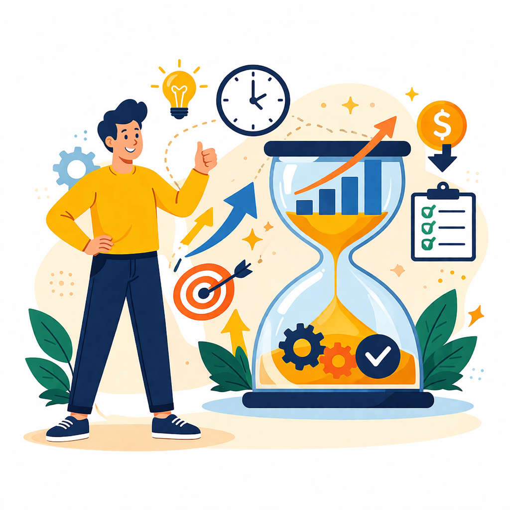 Ilustração de produtividade da equipe com ampulheta, gráfico de crescimento, checklist e elementos de eficiência operacional