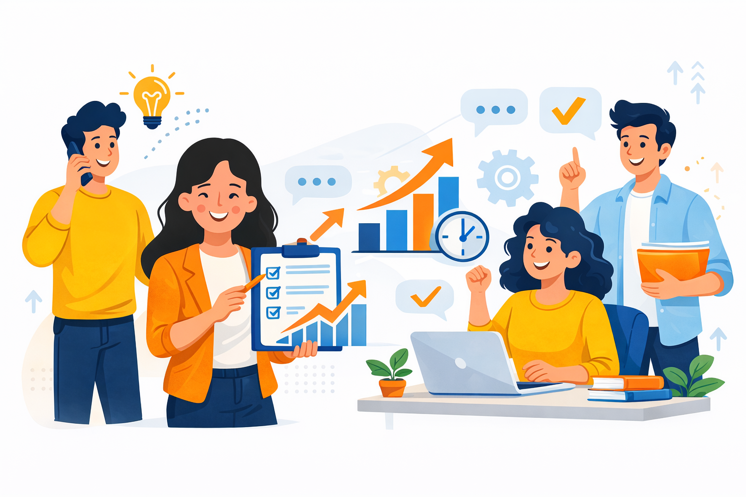 Ilustração de equipe colaborando em ambiente de trabalho com gráficos de crescimento, simbolizando automação no atendimento e aumento de produtividade.