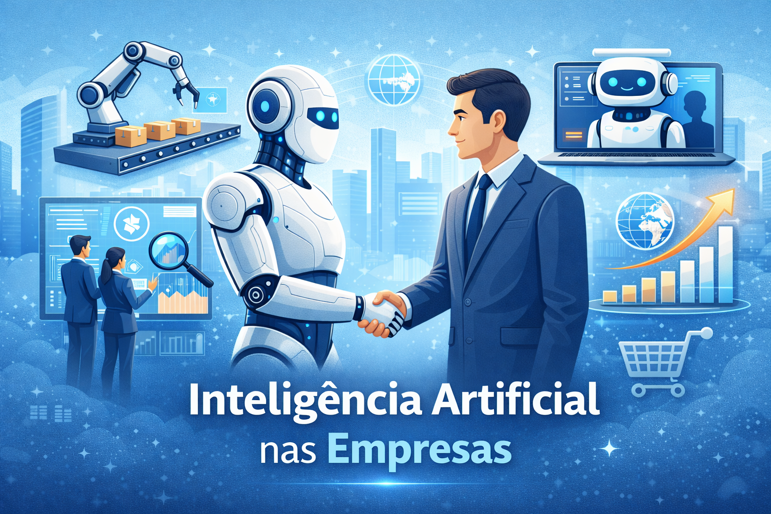 Ilustração em estilo cartoon de um robô e um executivo apertando as mãos, representando a colaboração entre inteligência artificial e empresas no ambiente corporativo.