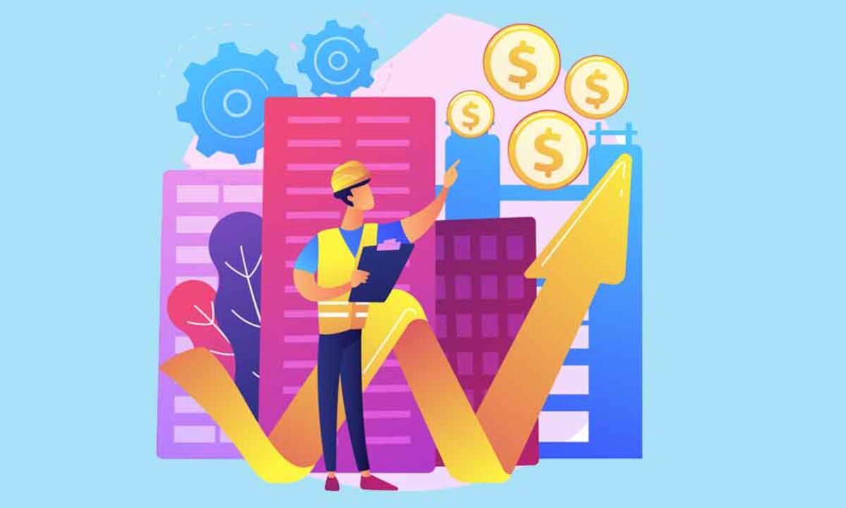 lustração de profissional analisando crescimento financeiro com gráficos, moedas e engrenagens, representando eficiência operacional e aumento de resultados empresariais.